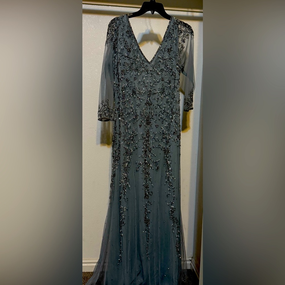 Gorgeous beaded formal 3/4 sleeve grey/blue dress.